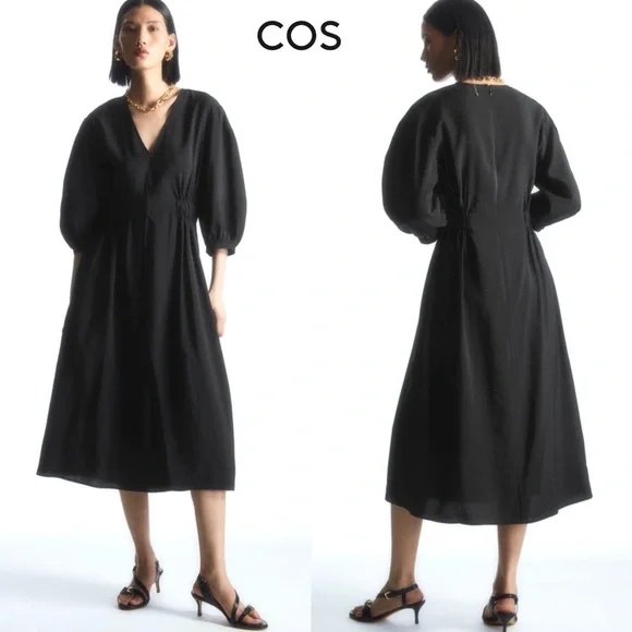 COS Black Midi V-Neck A-Line Dress Black Size 4 Modest Minimalist Elastic Waist - Picture 3 of 16
